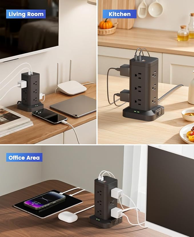 Tagzilo 15-in-1 Power Strip Tower with Surge Protector 1800J, Fast Charging Tower PD20W USB-C Ports with 12 AC Outlets, 9.8ft Extension Cord for Home Office Dorm Room, Black