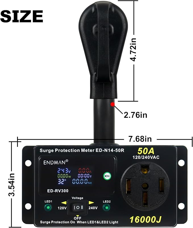50 Amp RV Surge Protector with kWh Energy Monitor - 16,000 Joules Lightning Protection - Digital Power Meter Display (Volts, Amps, Watts, Temp) for Motorhome (NEMA 14-50P)