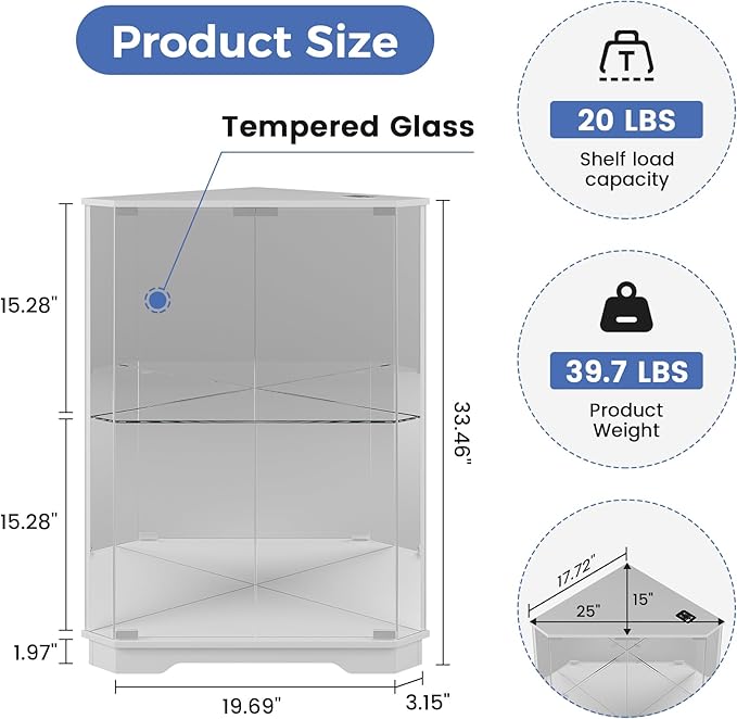 Dystler Corner Display Cabinet with Glass Doors, Small Display Case with 3-Color LED Lights and Charging Station, 2-Tier Curio Cabinet with Storage and Shelf, White