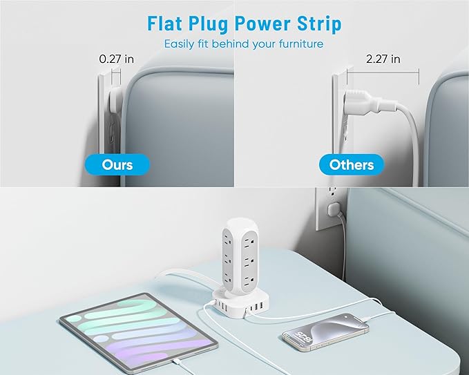 TenTrend 65W Fast Charging Station, Flat Plug Power Strip Tower with 12 AC Outlets & 8 USB Ports (2 PD USB-C Ports), 10FT Extension Cord, Compatible for MacBook Pro, iPhone Series.