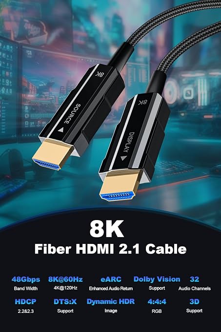 8K HDMI 2.1 Cable 10ft, Fiber Optic HDMI Cable Braided Cord, High Speed Active - Image 3