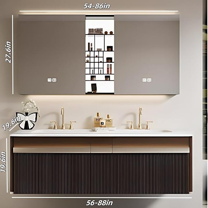 Bathroom Vanity with Double Sink - Bathroom Cabinet Vanity Including Grille Shaped Panel | Bathroom Vanity Double Sink, Soft Light LED Lights & Smart Defogging Mirror (Mirror Cabinet, 76IN)