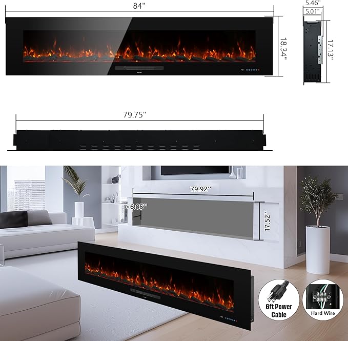 84 inches Electric Fireplace, Recessed & Wall Mounted Fireplace Heater 13 * 13 Colors Flame &Fuel Bed w/5 Dimmer, Touchscreen &Remote Control Temp, Overheating Protect, Hardwired, 1500W, Black