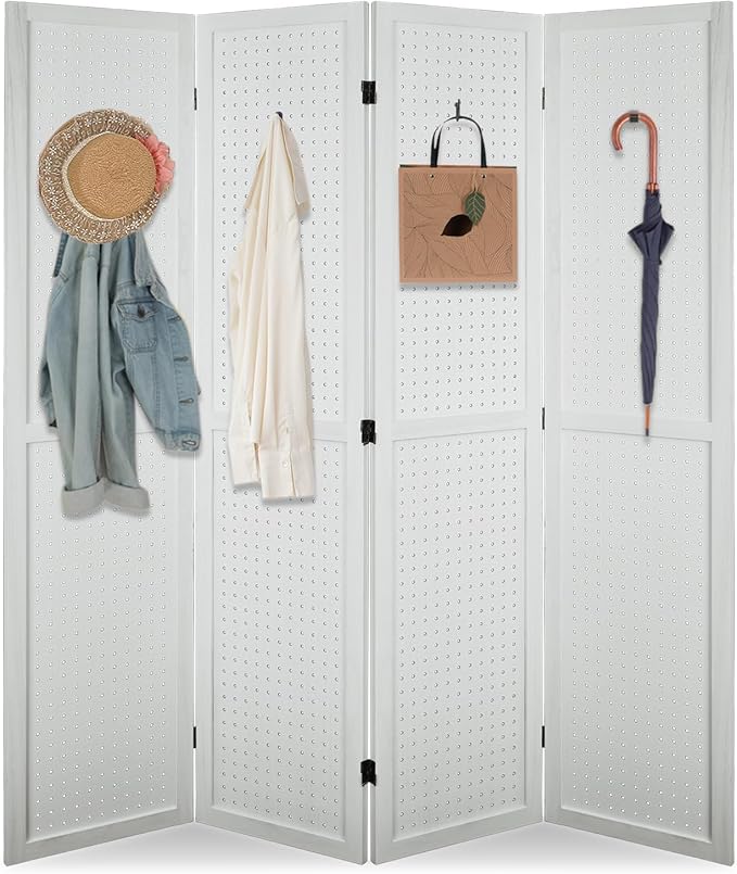 ECOMEX 4 Panel Room Divider, 5.6Ft Pegboard Display Wooden Room Divider Folding Privacy Screen Room Divider Freestanding Peg Board Display for Trade Show Craft Show Home Wall Organizer, Elegant White