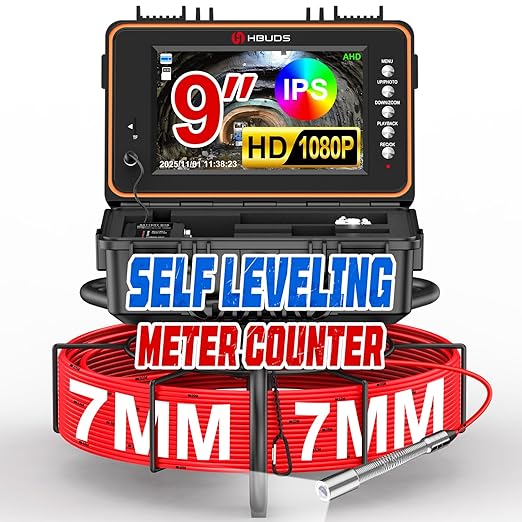 HBUDS Sewer Camera, Self Leveling Drain Camera 230ft with Meter Counter, 7mm Thick Cable, 9" HD Screen 1080P Plumbing Cameras Snake with Light, 5100mAh Battery Duct Pipe Video Inspection Cam DVR 32GB