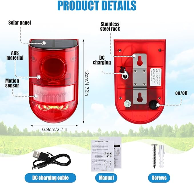 Qualirey 16 Pack Solar Sound and Light Alarm Motion Sensor 129db Outdoor Security Siren Waterproof Motion Activated Detector Alarm 6 LEDs Flash Warning Strobe System for Home, Farm (Red)
