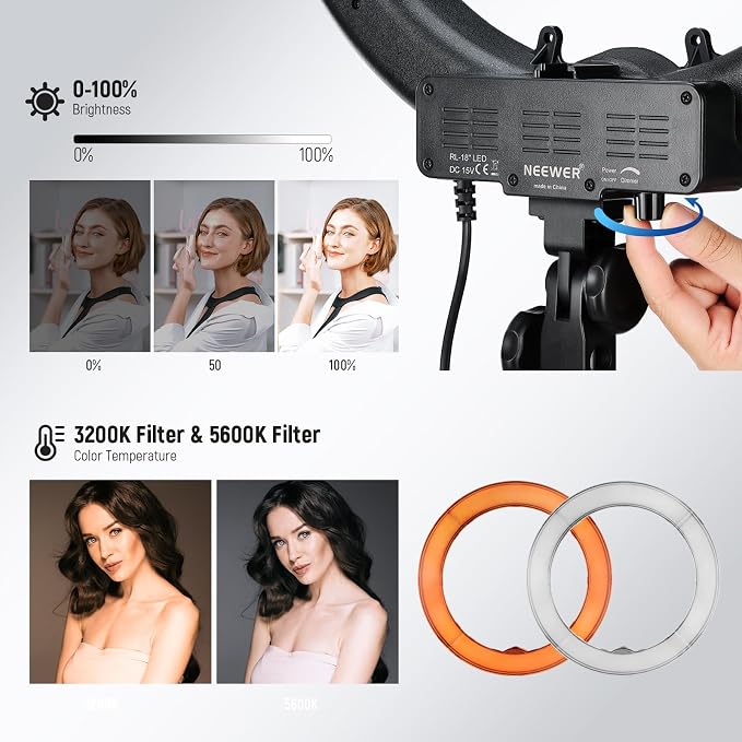 NEEWER 18" Ring Light, 58W 5500lx 5600K Dimmable CRI95 240 LEDs, Lighting - Image 4