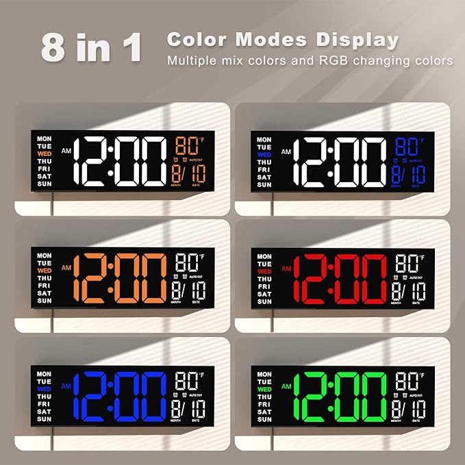 JALL 16" Large Digital Wall Mount Clock, Count Down Timer, Alarm, Big LED, RGB Color, DST, Temperature for Living Room Classroom Desk, Xmas, Birthday Gift for Senior Mom Dad (Red White, 16 inches)