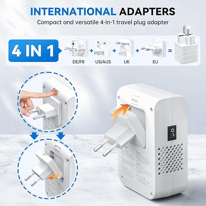 DOACE 220v to 110v converter 350W voltage converter us to europe for Hair Straightener/Curling Iron Converter for European Travel with 4-port USB Charging and UK/AU/US/EU Worldwide Plug Adapter, White