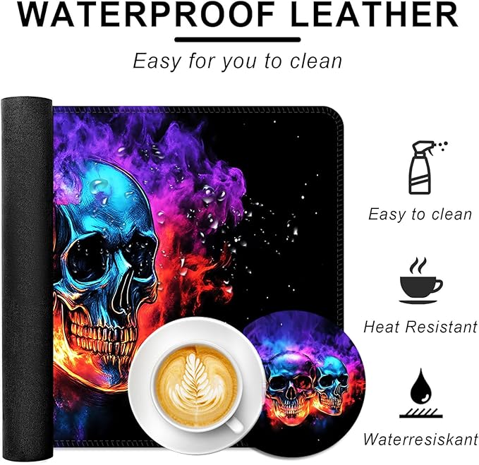 BFUKVOU Large Keyboard Mouse Pad Set, Extended Mouse Pad+Keyboard Wrist Rest Support, Memory Foam Ergonomic Easy Typing, 4Pcs (31.5×11.8 in) Desk Pad Set for Office Home,Smoke Skulls
