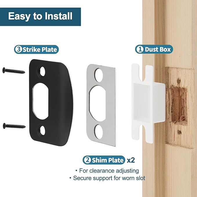 MOSECYOU Standard Door Strike Plate with Reinforced 3" & 1" Torx/Star Screws, Striker Restorer Kit with Spacer Shim Plates, T20 Screw Bit, Wood Dowels (Black, 1 Pack)