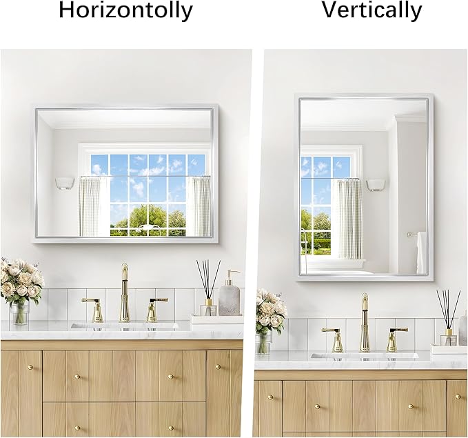 18x24 Silver Bathroom Mirror, Brushed Silver Rectangular Mirror for Wall, 0.6" Thickened Deep Frame Mirrors for Bathroom Sink, Shatterproof Tempered Glass, Antirust, Horizontally or Vertically