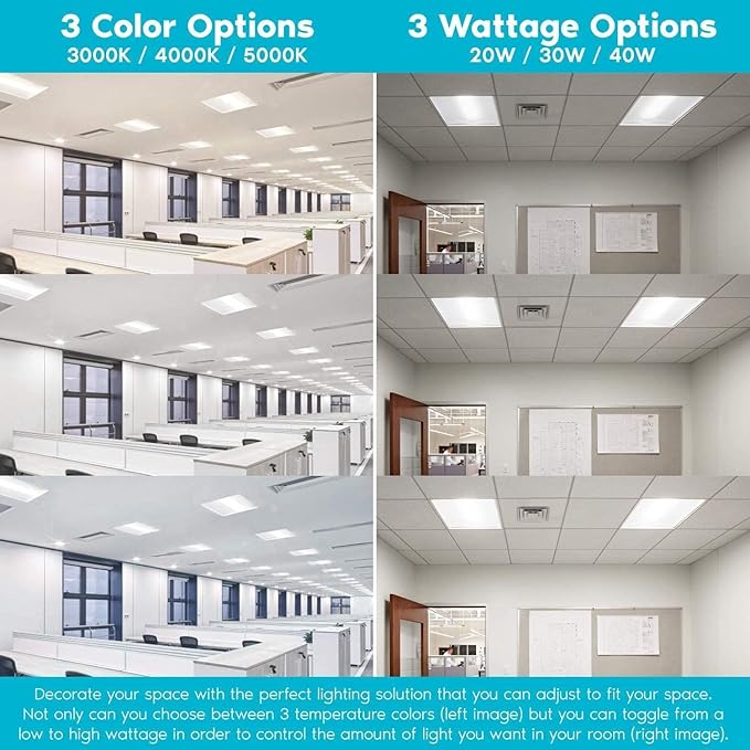 2x2 FT LED Light Flat Panel, 20/30/40W, CCT Selectable 30K | 35K | 40K | 50K | 65K, 0-10V Dimmable Recessed Drop Ceiling Lights, 2500/3750/5000 Lumens, Lay in Fixture, 120-277V, UL DLC(4 Pack)