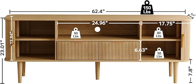 DAMCROP 62.4 Inch Fluted TV Stand, Modern Media Console Table with Sliding Tambour Door Farmhouse Sideboard Buffet Cabinet Fits TVs up to 75 inch, Wood Entertainment Center for Living Room(Oak)