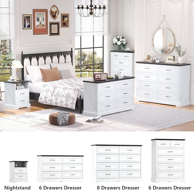 Nightstand with Charging Station Set of 2,18" Wide End Table with 2 Drawers & Metal Handles,Rustic Farmhouse Wood Small Dresser,Bedside Table,Modern Chest of Drawers for Bedroom,Living Room, Off White