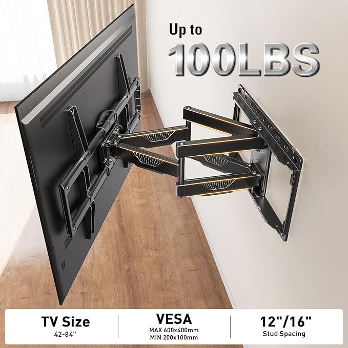 Mounting Dream UL Listed TV Wall Mount for Most 42-84 Inch TV, Full Motion, with Swivel and Tilt, TV Bracket with Articulating Dual Arms, Fits 16inch Studs, Max VESA 600X400 mm, 100 lbs,MD2617