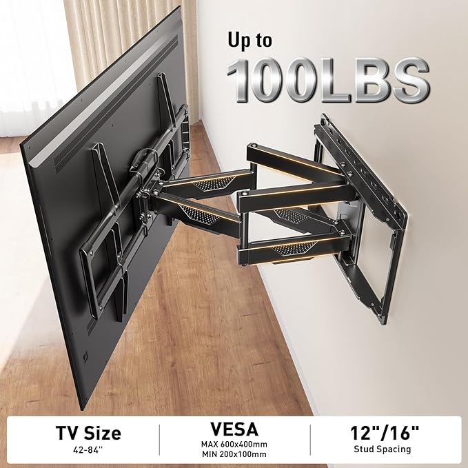 Mounting Dream UL Listed TV Wall Mount for Most 42-84 Inch TV, Full Motion TV Mount with Swivel and Tilt, Wall Bracket with Articulating Dual Arms, Fits 16inch Studs, Max VESA 600X400 mm, 100 lbs