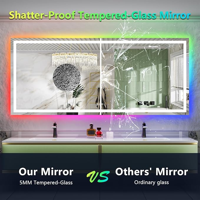 YEELAIT 88x38 Inch RGB LED Bathroom Mirror Front Lit and RGB Backlit Lighted Vanity Mirror for Bathroom Wall Dimmable Anti Fog Memory Shatter-Proof IP54 Waterproof Horizontal/Vertical