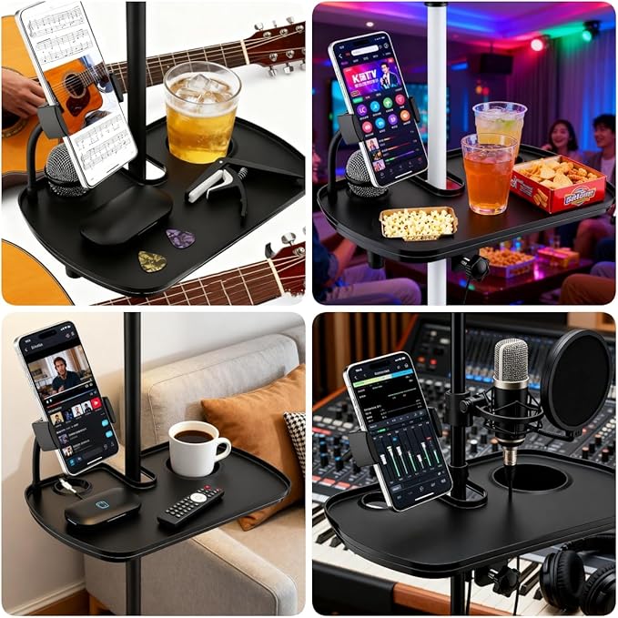 Microphone Stand Tray with Mic Phone Holder, 12.2" x 7.91" Large Shelf Adjustable Clamp On Rack Tray for Stage Music Stand Live Streaming Broadcast Audio Recording