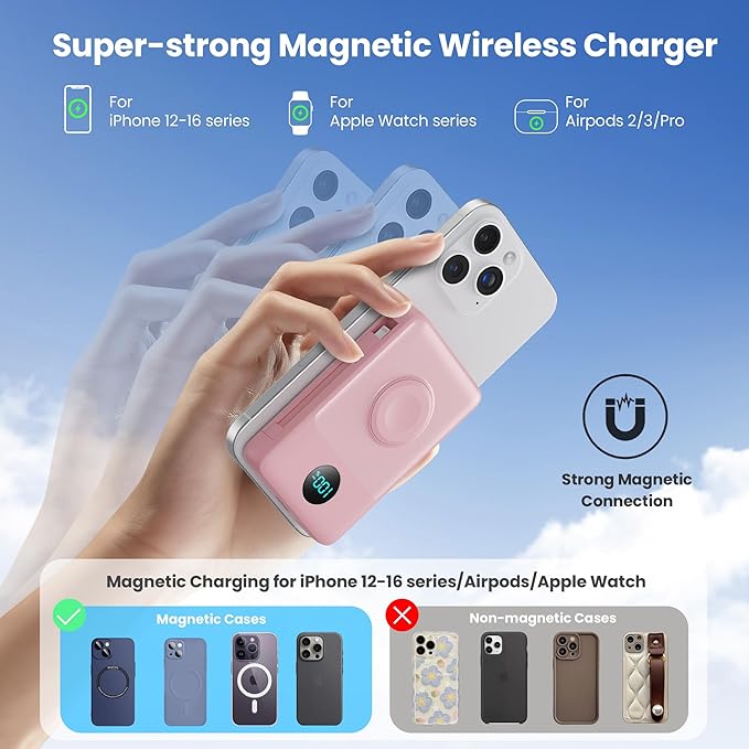 6 in 1 Magnetic Portable Charger for iPhone with Built-in Cables, 10800mAh 25W PD Fast Charging Power Bank, 6 Outputs Travel Essential Battery Pack for iPhone 17/16/15/14/13/12,Apple Watch (Pink)