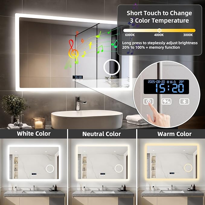 LUVODI Bathroom Mirror LED Lighted: 40x24 inch Rectangle Makeup Vanity with Bluetooth Speaker, Time Display, Magnifier, Anti-Fog, Memory Function, 3 Color Temperature