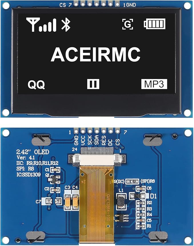 ACEIRMC 2.42 inch 128x64 OLED LCD Display Module SSD1309 7 Pin SPI/IIC I2C Serial Interface for Arduino UNO R3 (White)
