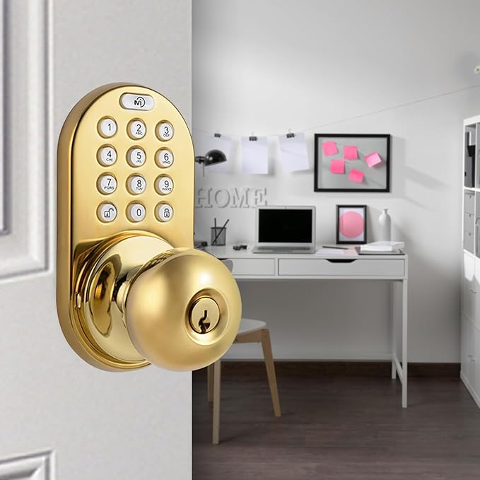 MiLocks TKK-02P Digital Door Knob Handle Lock with Electronic Keypad - Keyless Entry Smart Door Lock with Adjustable Latch Locks, Audible Tones for Interior Front Doors & More, Polished Brass