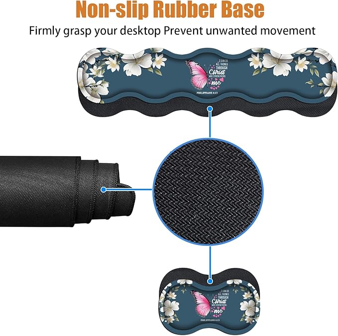 Ergonomic Keyboard Wrist Rest & Mouse Pad Wrist Rest Set, Large XXL Gaming Desk Mat 31.5"x 11.8" with Non-Slip Base for Home Office Study Gaming, Floral Butterfly Quote Bible Verse Philippians 4:13
