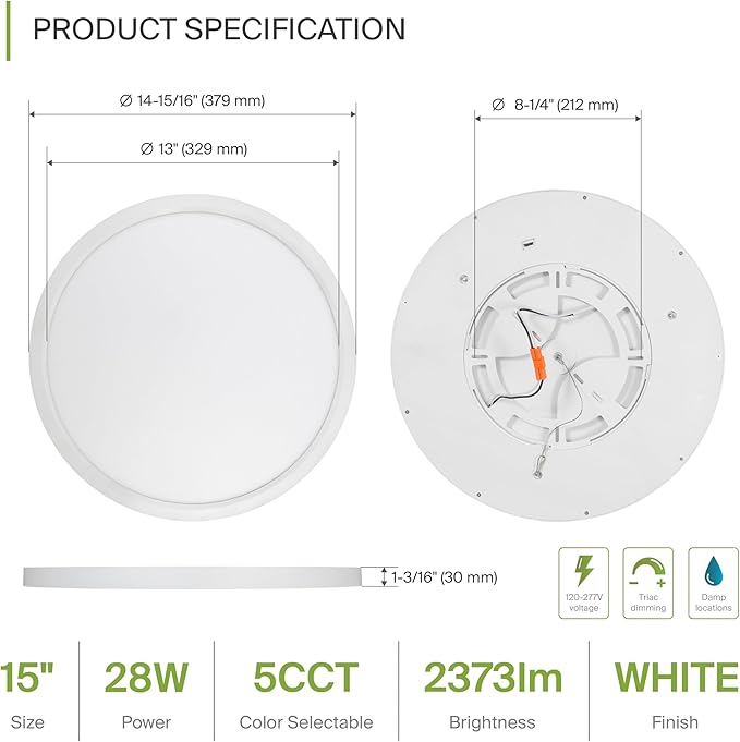 ASD LED 15" Round Flush Mount Ceiling Light Fixture, Low Profile Surface Lighting | 5CCT, Dimmable, Ultra-Thin, ETL Listed | 28W 2300LM 2700-6000K 100-277V | Kitchen, Hallway Lamp | White, 6 Pack
