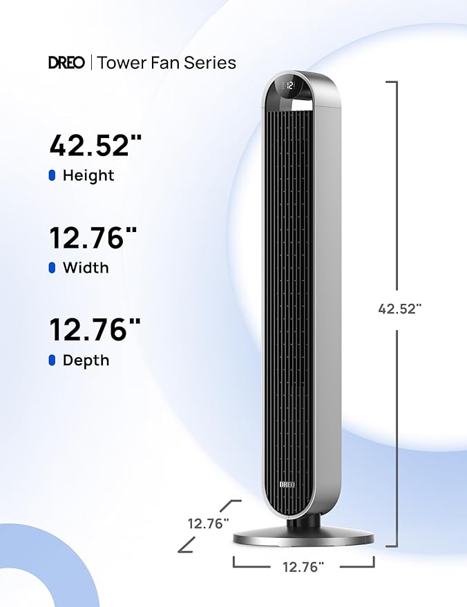 DREO Tower Fan for Bedroom, 42 Inch 120° Oscillating Fan, 25dB Quiet DC Motor, 28ft/s Velocity Bladeless Standing Fan with 12 Speeds, 4 Modes, 12H Timer Cooling Fans for Home, Living Room, Pilot Max S