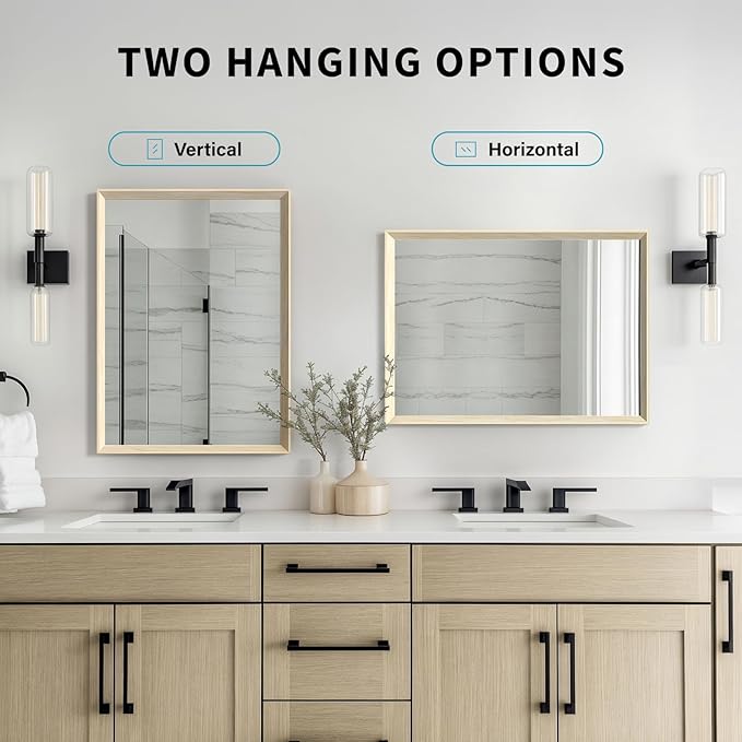 Oak Wood Effect Framed Wall Mirror, 24x36 Rectangle Mirror, 1/8" Anti-desilvering Tempered Glass, Sustainable& Sturdy Frame, Anti-Rust, HD Reflection &3min Fast Setup for Bathroom Living Room
