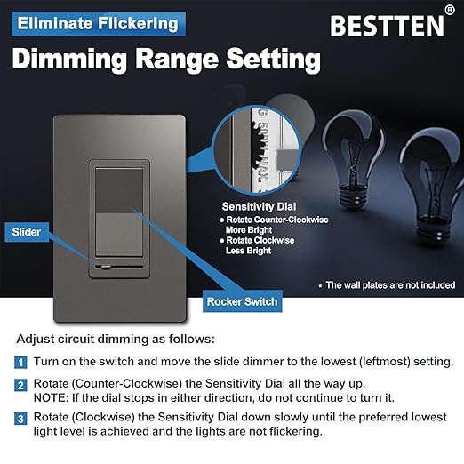 BESTTEN 5 Pack Matte Brown Dimmer Light Switch, Single Pole or 3-Way, Compatible with Dimmable LED, CFL, Incandescent and Halogen Bulb, 120VAC, UL Listed