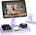 30W Charging Station for Apple Products, Foldable Wireless Charger with Clock Display&7 Color Light, Wired Charging for iPad/Tablet Charging Station for iPhone17, for Apple Watch11 for AirPods4(Purple