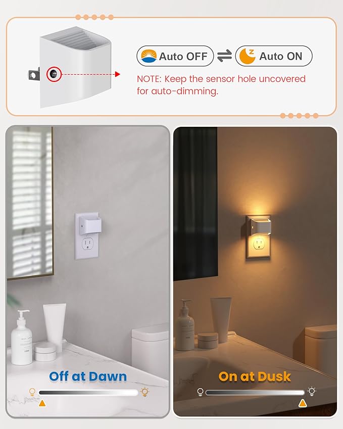NIORSUN Plug in Night Light, Auto Brightness Sensor Night Light, 3000K Warm White, Ultra-Slim Wall Light for Hallway Bathroom Bedroom Stairs, White, 6 Pack