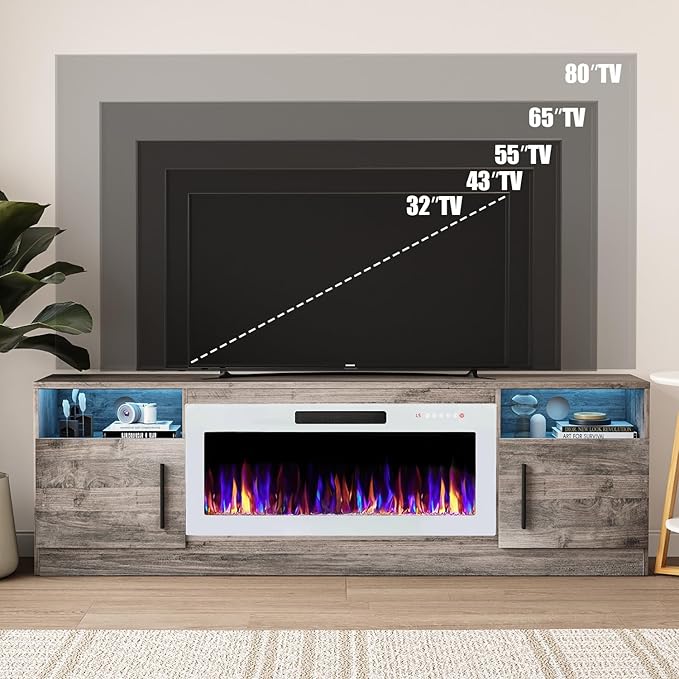 VITESSE TV Stand Fireplace with 36" inch Electric Fireplace Up to 80" TVs, LED Light Entertainment Center, 70" Modern Wood High Gloss with Highlight Storage Cabinet for Living Room (Gray)