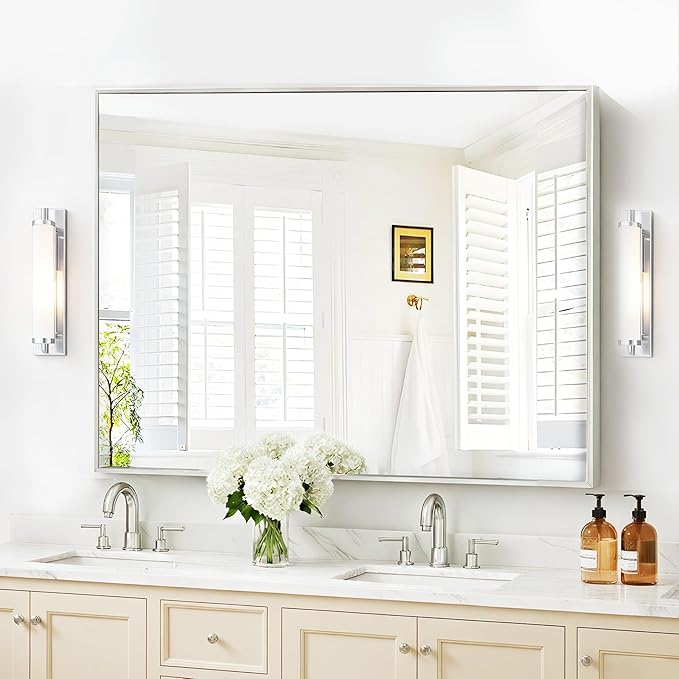 40x48inch Silver Bathroom Mirror, Silver Rectangle Mirror with Frame, Large Rectangular Wall Mirrors for Bathroom, Living Room, Hair Salon, Big Farmhouse Mirror Hang Horizontal/Vertical