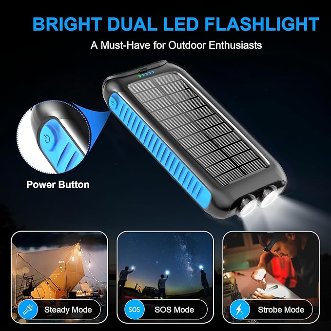 Kepswin Solar-Charger-Power-Bank-49800mAh Portable Solar Phone Charger with LED Flashlight/15W Fast Charge USB C Waterproof External Backup Battery Pack for All Cell Phones & Electronic Devices