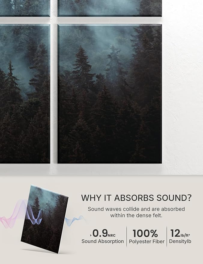 Wall Art Acoustic Panels,70''×47''Sound Absorbing Panels-8-Pack with 60 Adhesive Tabs, Panels for Living Room and Recording Studio, Offices-Foggy Nature Forest
