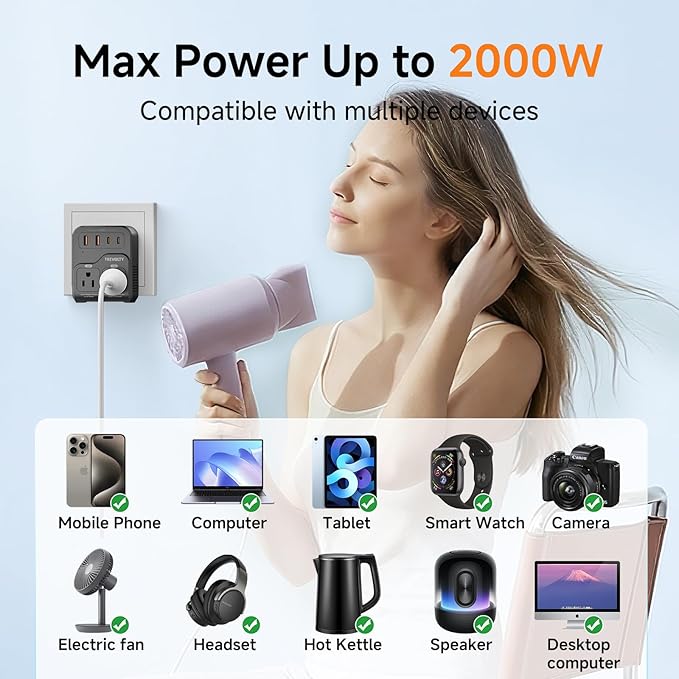 TREVOLTY 2000W Voltage Converter US to Europe, 220V to 110V Converter for Hair Dryer, 7-in-1 European Travel Plug Adapter with 3AC/2USB-A/2USB-C (PD20W), Travel Essentials with US/JP/FR/DE/UK/AU/EU