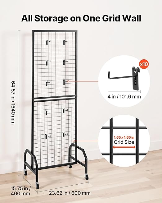 VEVOR Grid Wall Panel, 1.9 x 5.4 ft Wire Grid Panels Display Rack, Movable Art Display Shelf with Wheels and 10 Hooks, Black Carbon Steel Gridwall for Craft Show, Decoration, Storage, Notice Board