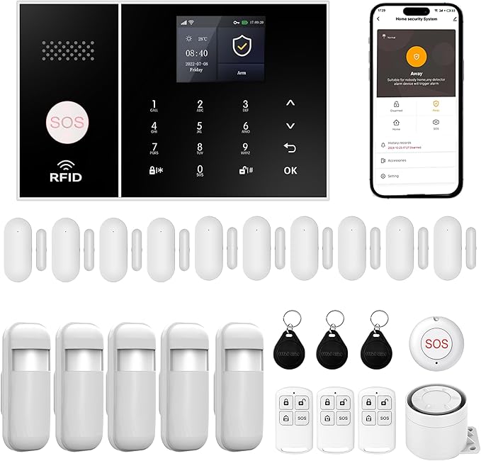 XUK Wireless 4G/GSM/Wi-Fi Security System for Home/Apartment, Smart Security Alarm with Door/Window Sensors, PIR Motion Detector, Compatible with Alexa/Google Home, Easy Installation (24pcs Set)