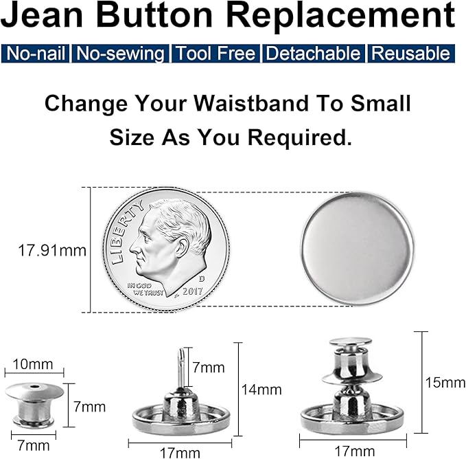 TOOVREN 8 Sets Jean Buttons for Loose Jeans, No Sew No Tool Instant Replacement Button Pins Adjustable Pant Waist Tightener to Make Smaller, Reusable Extra Pants Clips to Tighten Waist, Silver