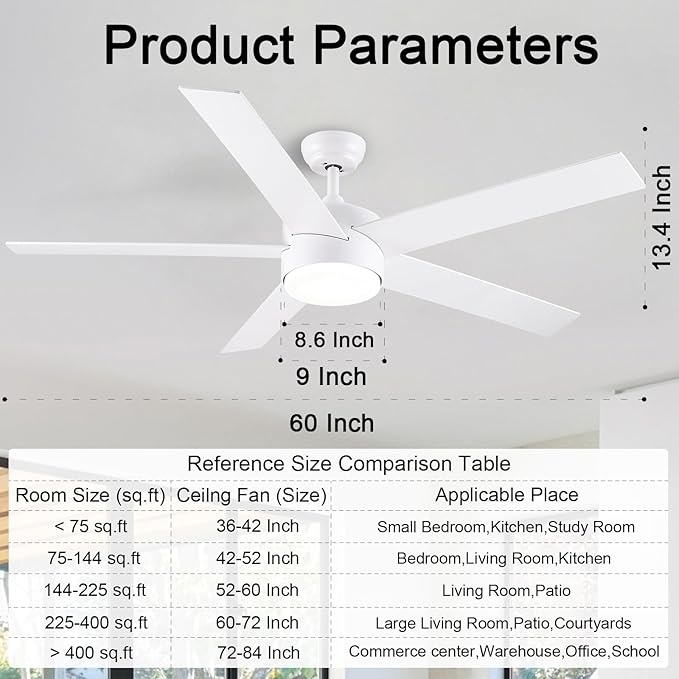 POCHFAN 60 Inch White Ceiling Fans with Lights and Remote Control,Quiet Modern Ceiling Fan for Bedroom,Living Room, Dining Room,Dimmable 3-Color Temperatures 6-Speed