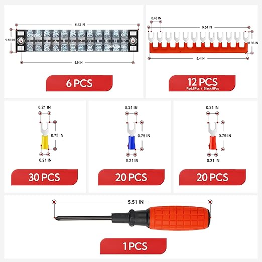 GAGIRA 6 Sets Terminals Block Strips, 6Pcs 25A 600V 12 Positions Screw Terminal Block + 12Pcs Insulated Terminals Barrier Strip + 70Pcs Wire Connector + Screwdriver