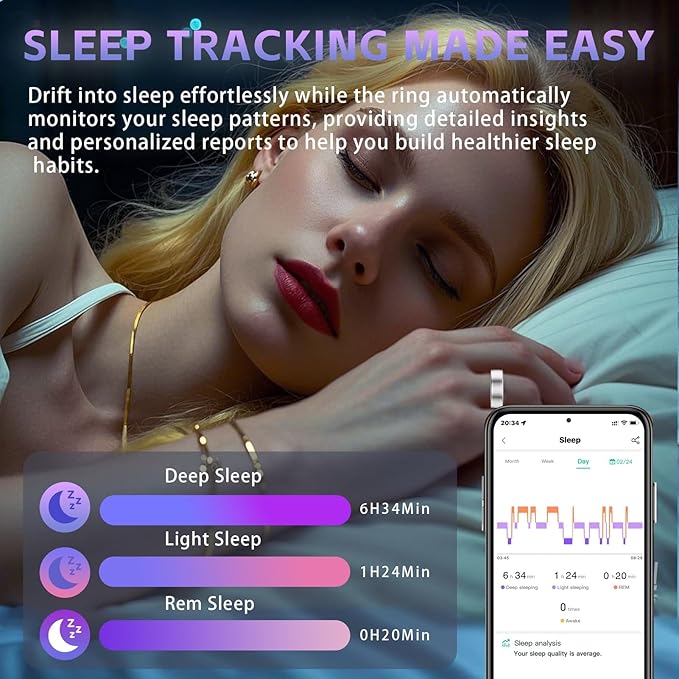 Smart Ring Health Tracker, Fitness Tracker Ring for Women Men, Monitoring of Pedometer, SpO2, Sleep Quality, Heart Rate, No Subscription Fee, Sport Rings for iOS & Android (Silver 7)