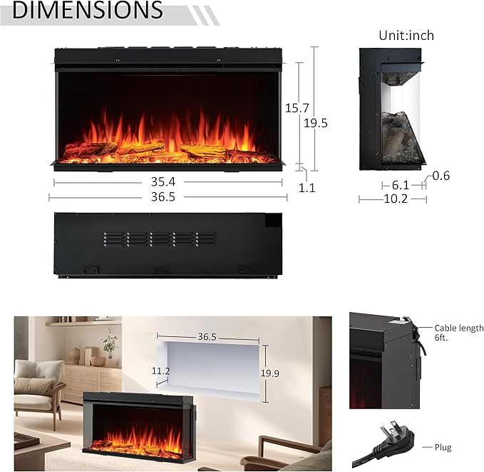 LegendFlame 35" W Smart Build in Electric Fireplace Insert, 1-2-3 Sided View, Heater 750W/1500W, Multi Colors of Flame & Fuel Bed, Alexa Enabled