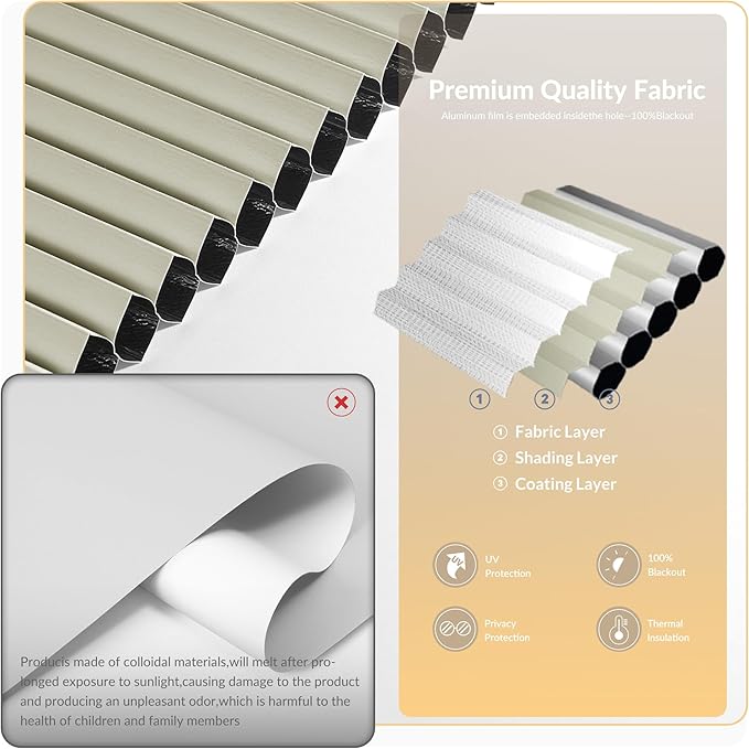 Boolegon No Drill Motorized Cellular Blinds with Remote Motorized Blackout Honeycomb Blinds for Indoor Windows Easy to Install Automatic Cellular Shades for Home,Blackout Beige,Custom Size