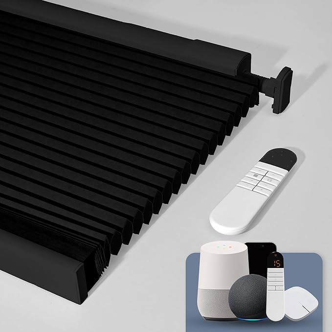 Boolegon No Drill Motorized Cellular Blinds with Remote Motorized Blackout Honeycomb Blinds for Indoor Windows Easy to Install Automatic Cellular Shades for Home,Blackout Black,Custom Size