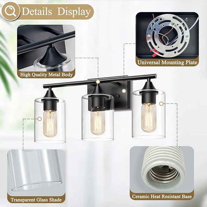 XPEHK Bathroom Lighting Fixtures Over Mirror,3-Light Black Bathroom Vanity Light,Sconces Wall Lighting with Clear Glass Shade,Light Fixture for Bedroom Living Room Vanity Table Hallway