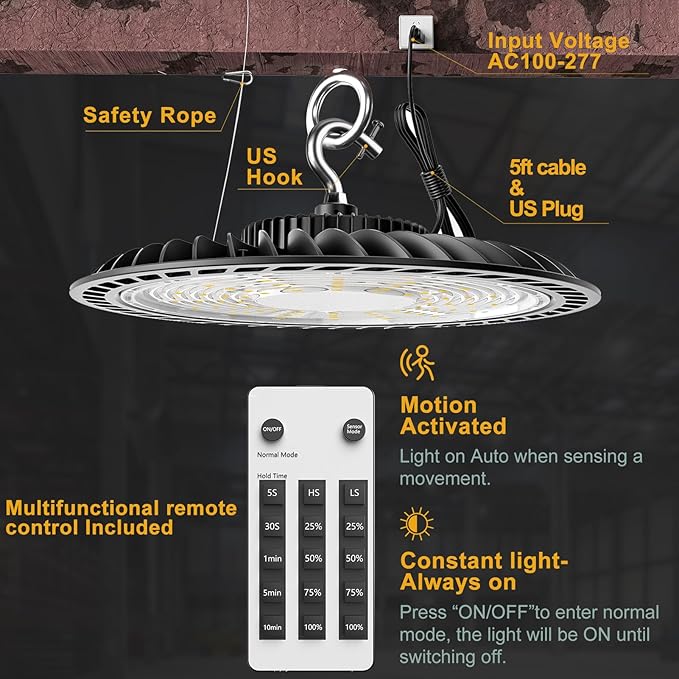 ACOHOOK Smart 350W LED High Bay Light Motion Sensor, 48000lm (Eqv.1200W MH/HPS) Commercial Bay Lights AC100-277V High Bay LED Shop Light (Remote Buy Separately) 4Pack